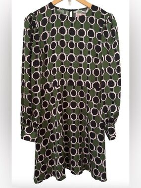 Traffic People Olive Grn, blk & pink plka dt  l/s drss SZ M old money office